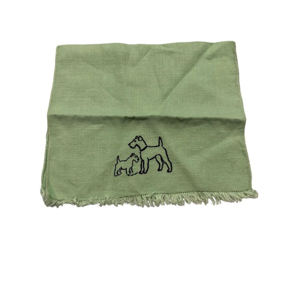 Dog Green Linen Embroidered Handkerchief 13"x8.5"  Decorative Kitchen Vntg
